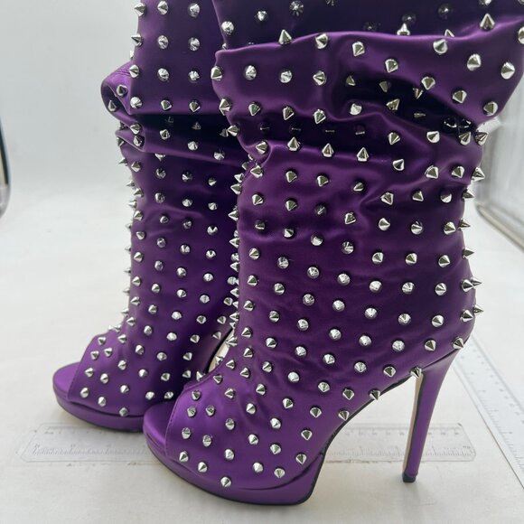 XYD Women Peep Toe High Heels Ankle Boots Rivet Booties Shoes , Purple Boots - Picture 4 of 8